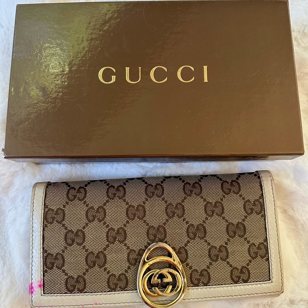 Authentic Gucci GG Monogram Cream Canvas & Leather Bifold Long Wallet Pre-owned